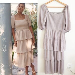 Kings road Cottagecore boutique gray tiered ruffle midi dress